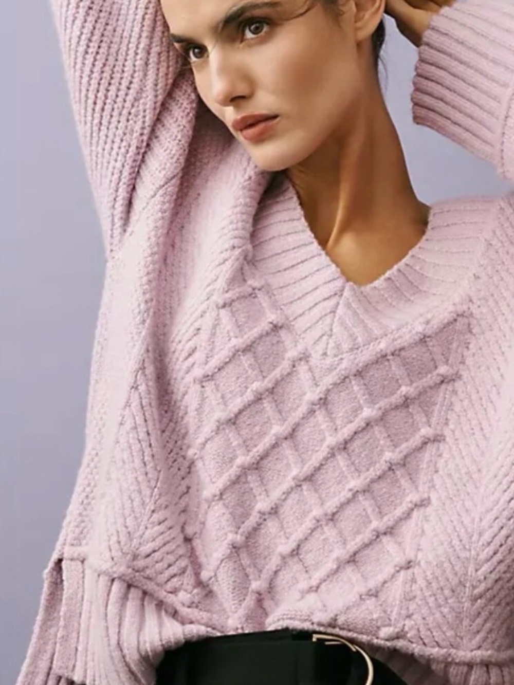 Maeve by Anthropologie Cozy V-Neck Cable Knit Sweater in Light Lilac